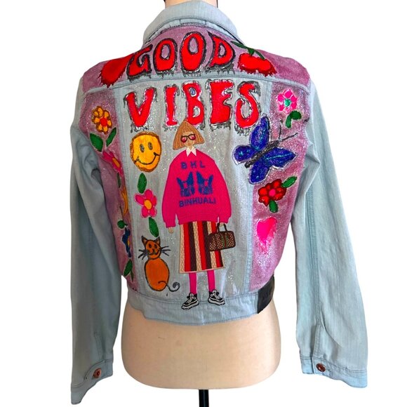 Hand painted  Good vibes acid fashion doll appliqué girls denim jacket 12-14 XL - Picture 1 of 14